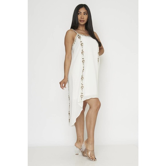 WHITE SLEEVELESS EMBROIDERED HI-LO DRESS